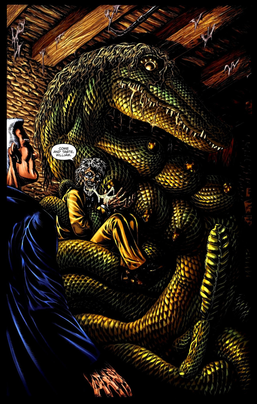 1girls 2boys big_breasts blonde_hair breastfeeding breasts comic creepy drool fangs feral frame glasses gravel hair herm human intersex lactation looking_at_viewer messy milk monster multi_breast nipples rape_face rattlesnake reptile saliva scalie snake spider_web tail warren_ellis what white_hair