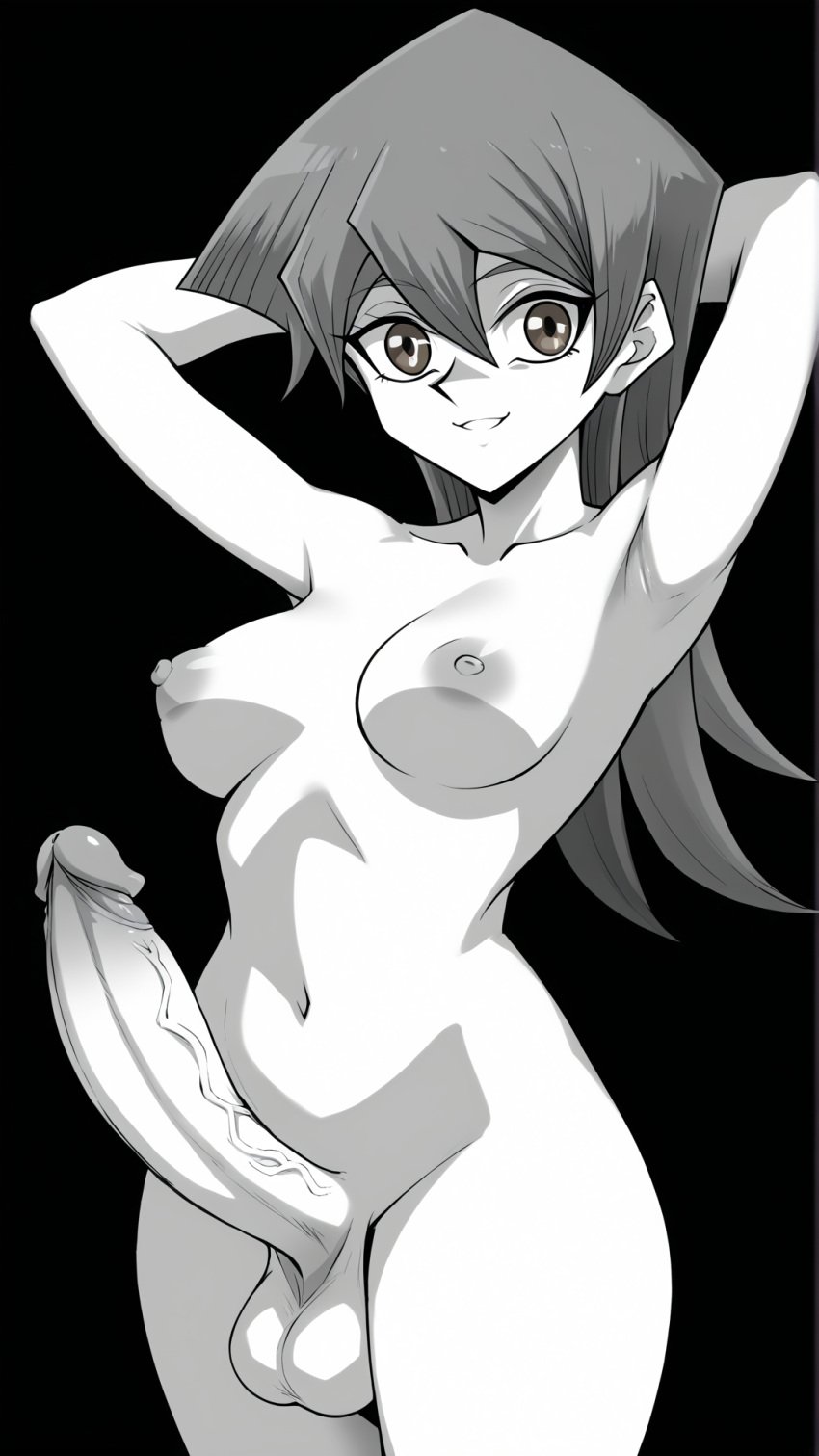 1futa ai_generated alexis_rhodes big_penis brown_eyes futanari looking_at_viewer medium_breasts monochrome yu-gi-oh! yu-gi-oh!_gx