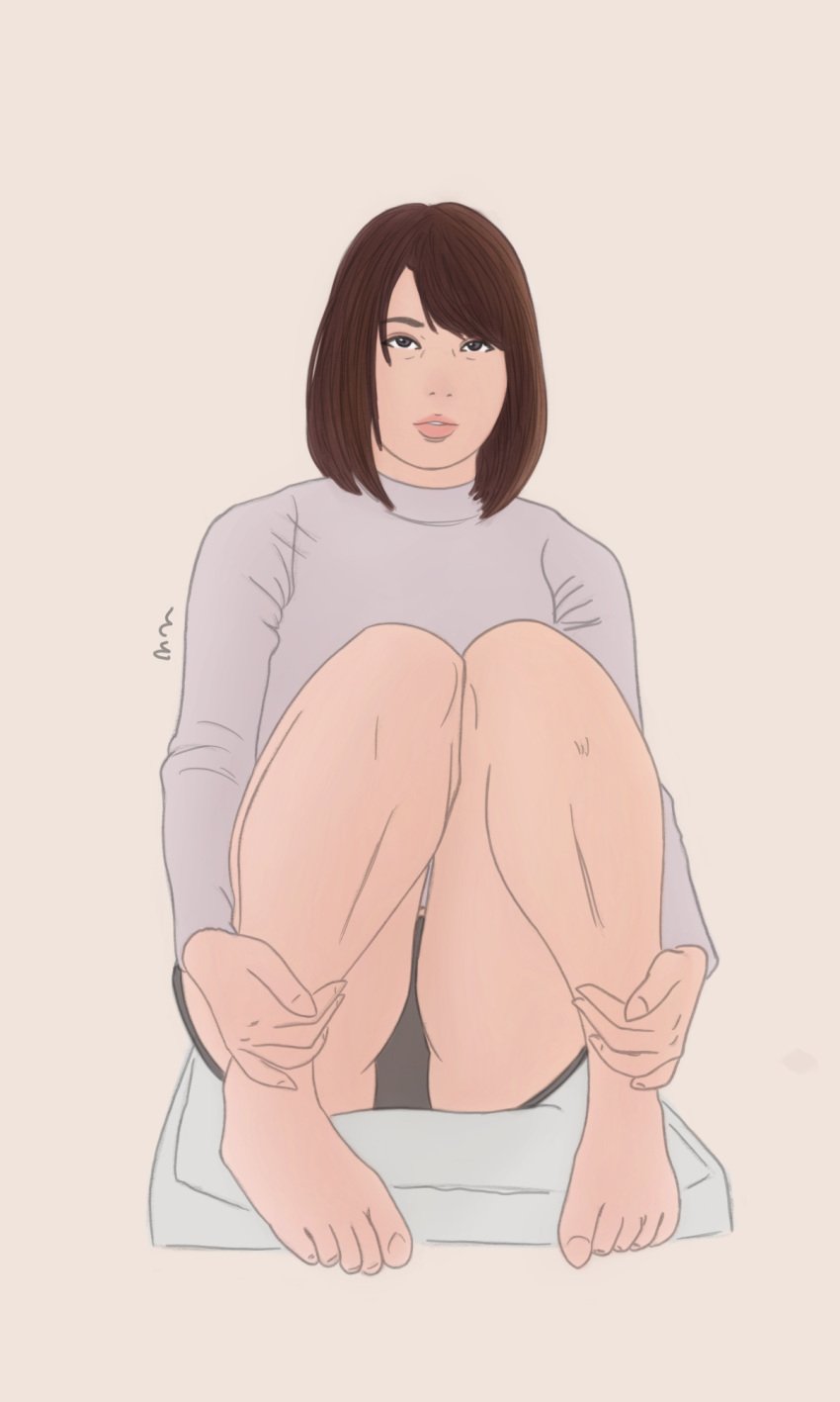 1girls asian asian_female bottomless deviantart hands_on_ankles holding_ankles legs_together long_sleeves nonhovoglia original_character pantyshot tease teasing