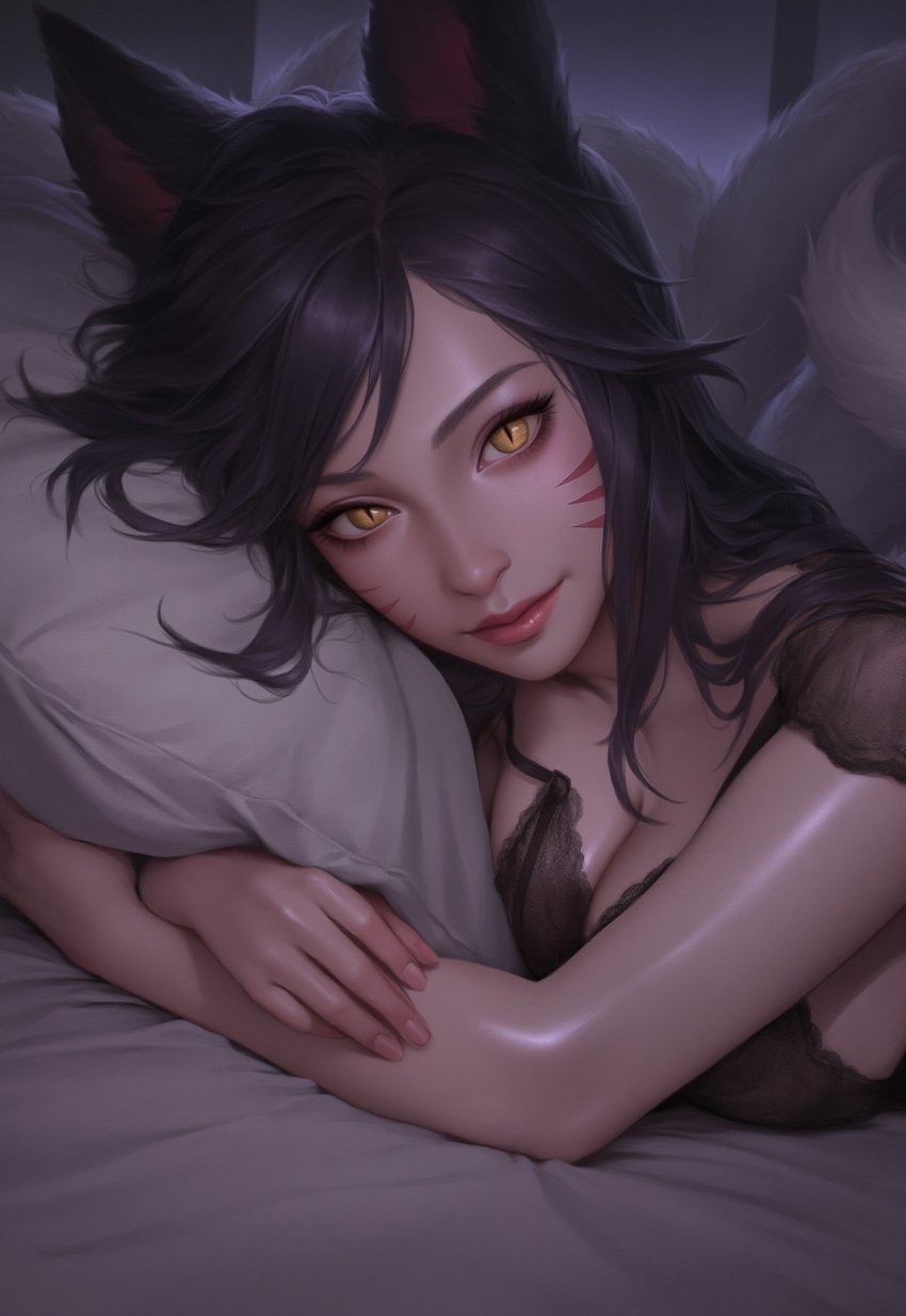 1girls ahri ai_generated big_breasts black_hair breasts close-up hugging_pillow in_bed large_breasts league_of_legends lingerie lips looking_at_viewer nai_diffusion night realistic riot_games shiny_skin slit_pupils solo_focus stable_diffusion vastaya whisker_markings yellow_eyes