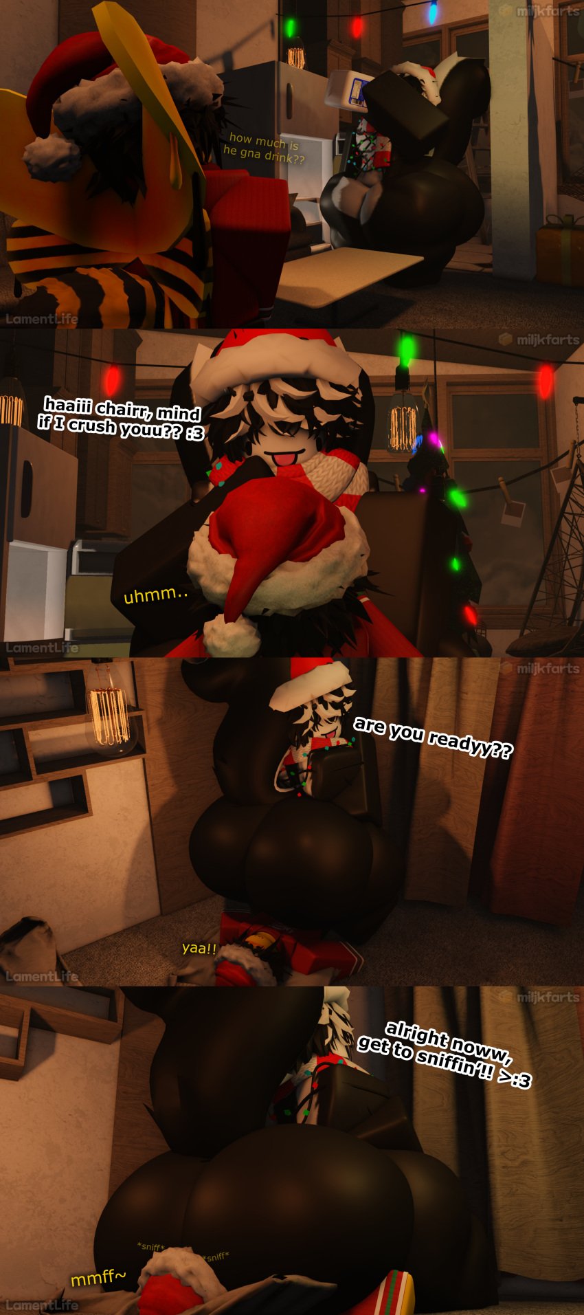 3d :p ass ass big_ass butt_sniffing christmas christmas_hat christmas_lights collaboration drinking_milk face_in_ass facesitting furry goober huge_butt lamentlife lamentlife_(oc) miljkfarts_(artist) roblox skunk skunk_tail skunko_(miljkfarts) thick_thighs thighs