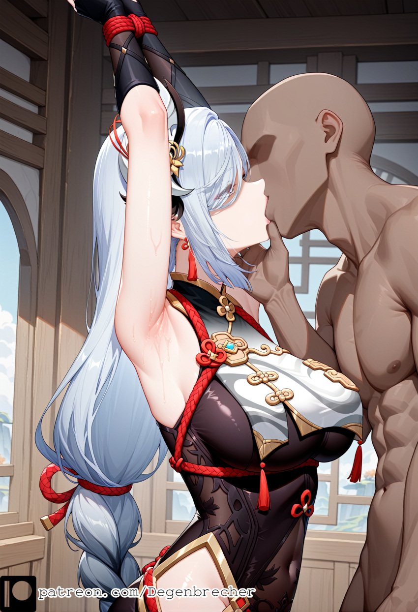 1girls ai_generated degenbrecher genshin_impact kissing patreon patreon_username shenhe_(genshin_impact) subscribestar subscribestar_username you