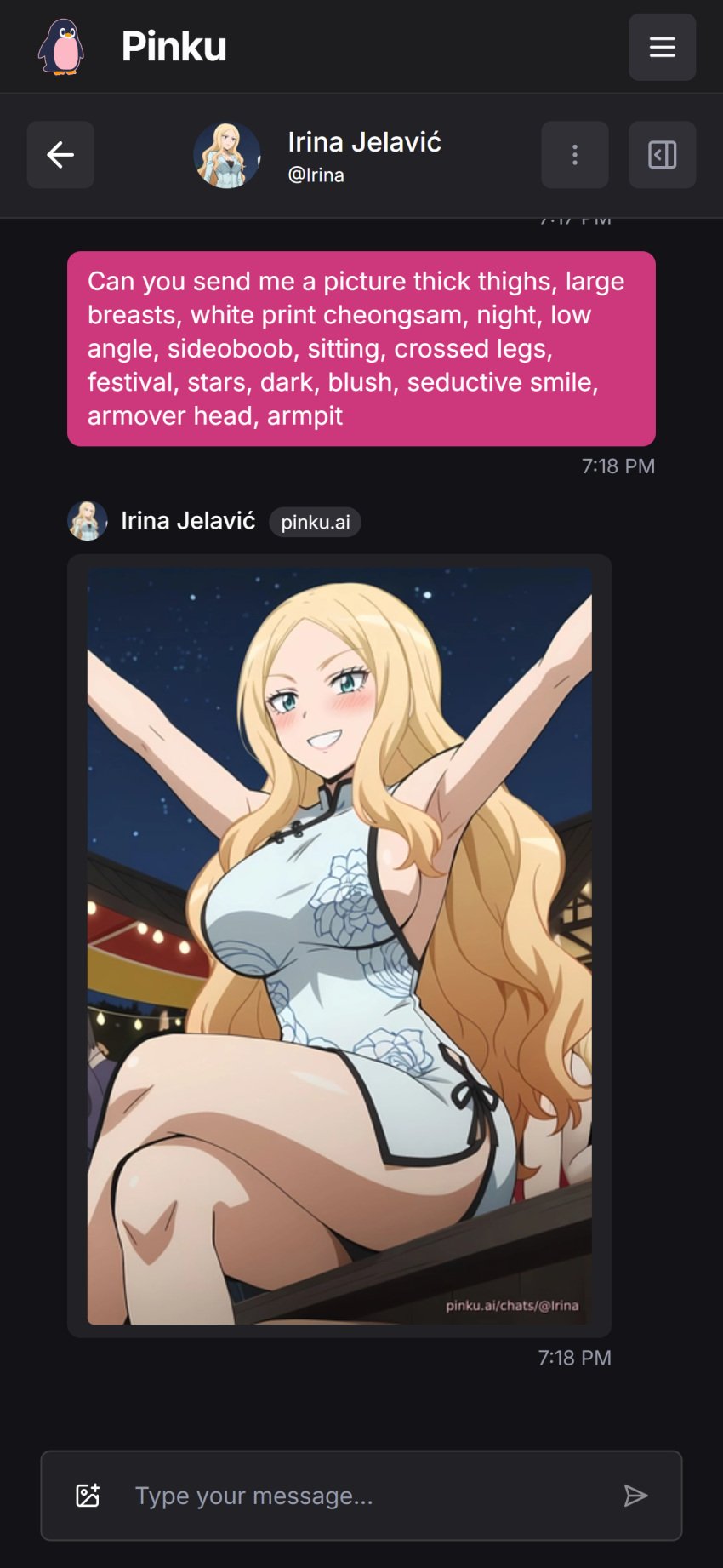 ai_generated aichat assassination_classroom breasts cheongsam dress example female girl irina_jelavic pinku pinku.ai pinkuai prompt sample screenshot sideboob