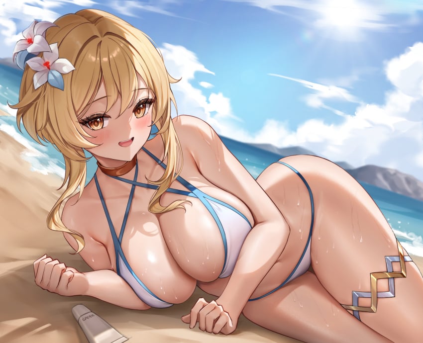 2d 2d_(artwork) big_breasts bikini blonde_hair bra genshin_impact looking_at_viewer lumine_(genshin_impact) lying outdoors swimsuit thong thong_bikini two_piece_swimsuit yellow_eyes young younger_female