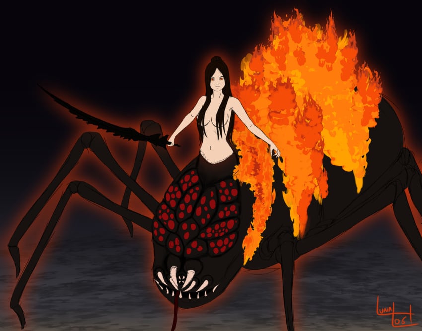 arachne breasts brown_hair chaos_witch_quelaag dark_souls demon demon_girl fire fromsoftware hair_censor looking_at_viewer luna_lost monster_girl nude orange_eyes red_eyes spider spider_girl sword topless weapon