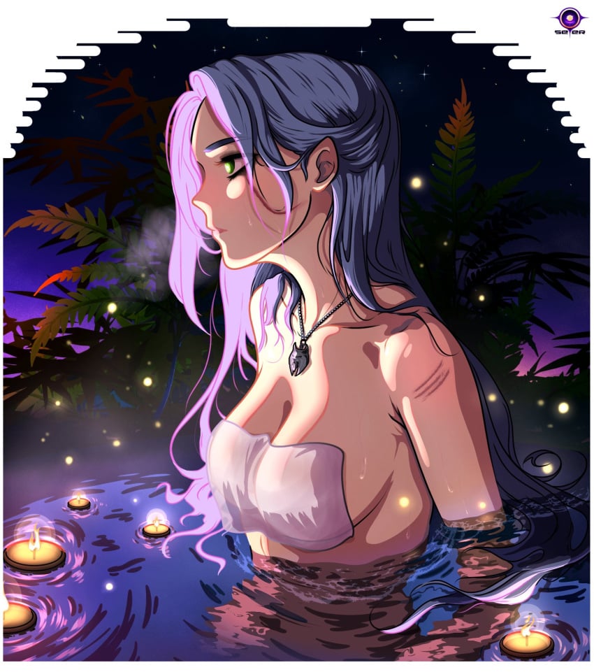 allseer bath bathing breasts cd_projekt_red ciri female light-skinned_female mascara nude scar solo the_witcher_(series) the_witcher_4 towel_only wet_body white_hair witcher_medallion