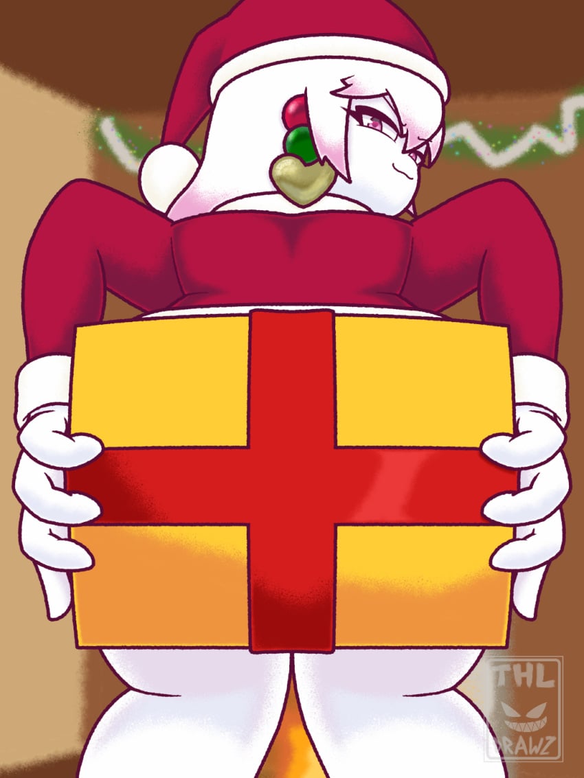 1girls christmas heart-shaped_pupils kette_chrioka_(helixdemise) oc pink_eyes present presenting santa_costume santa_hat smug smug_face teasing white_hair white_skin