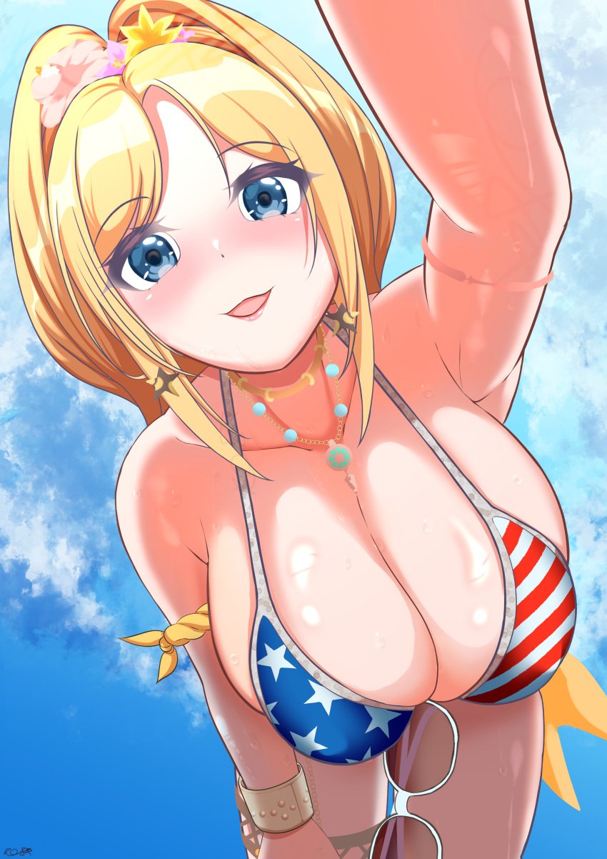 american_flag_bikini armpits big_breasts bikini blush breasts clouds d4dj eyewear_on_head flower flower_in_hair huge_breasts k○oki looking_at_viewer necklace outdoors sasago_jennifer_yuka shiny_skin sunglasses swimsuit watermark