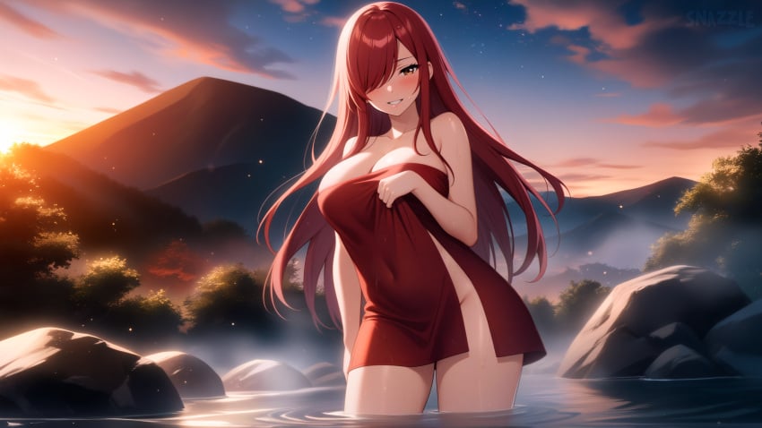 ai_generated bare_shoulders blush brown_eyes cleavage cloudy_sky collarbone erza_scarlet fairy_tail female hair_over_one_eye half-closed_eyes large_breasts long_hair looking_at_viewer naked_towel nude_cover onsen parted_lips red_hair rock sidelocks smile snazzdaz snazzle solo_focus stable_diffusion steam sunset thighs towel wading water watermark wet