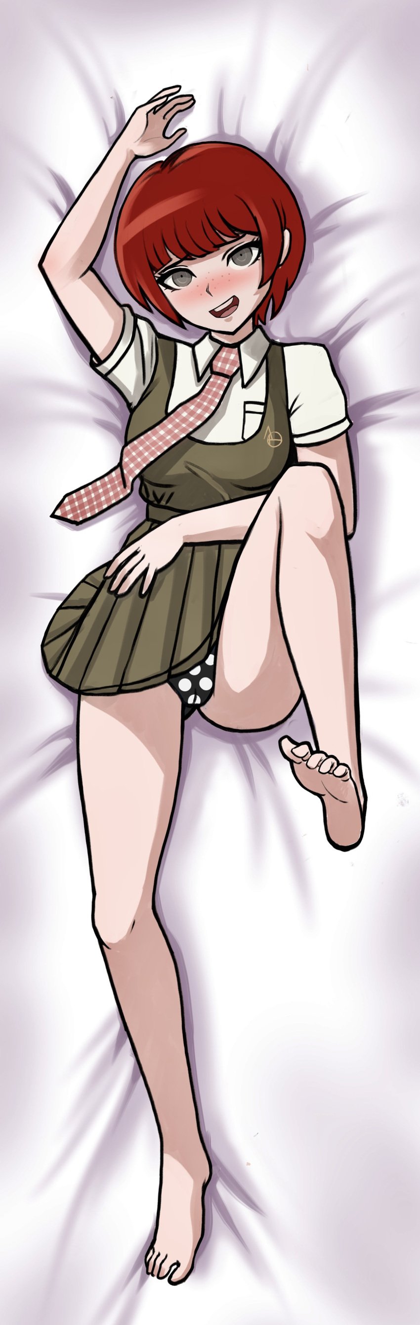 1girls arms_up artist_request bed blush bodypillow dakimakura dakimakura_design danganronpa danganronpa_2:_goodbye_despair feet feet_up female female_only koizumi_mahiru necktie nervous panties red_hair