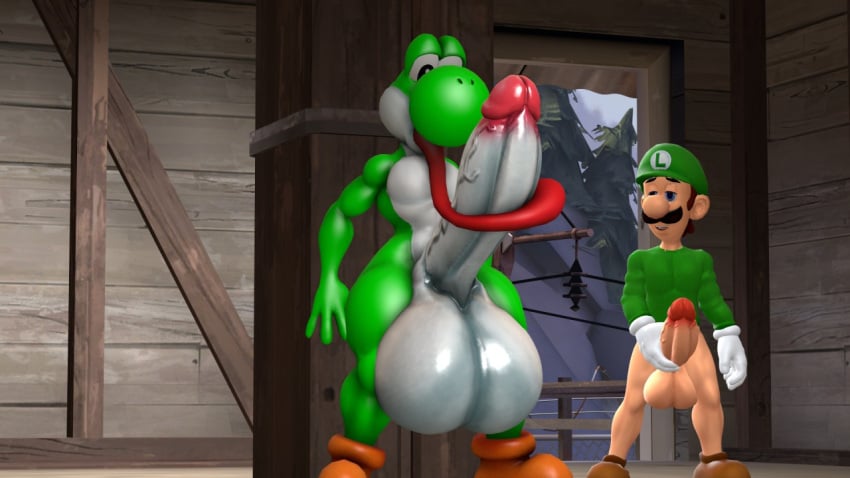 2boys 3d anthro balls ballsack big_balls big_penis blowjob blue_eyes clothing duo enormous_balls enormous_penis erection facial_hair gay genitals gigantic_balls gigantic_penis gloves green_hat green_shirt green_skin green_yoshi hand_on_penis huge_balls huge_cock indoors jacking_off kennythebobcat large_balls large_penis long_tongue looking_at_penis luigi male male_only mario_(series) massive_balls massive_penis nintendo open_mouth penis red_tongue reptile scalie source_filmmaker stroking_penis tongue tongue_out yoshi