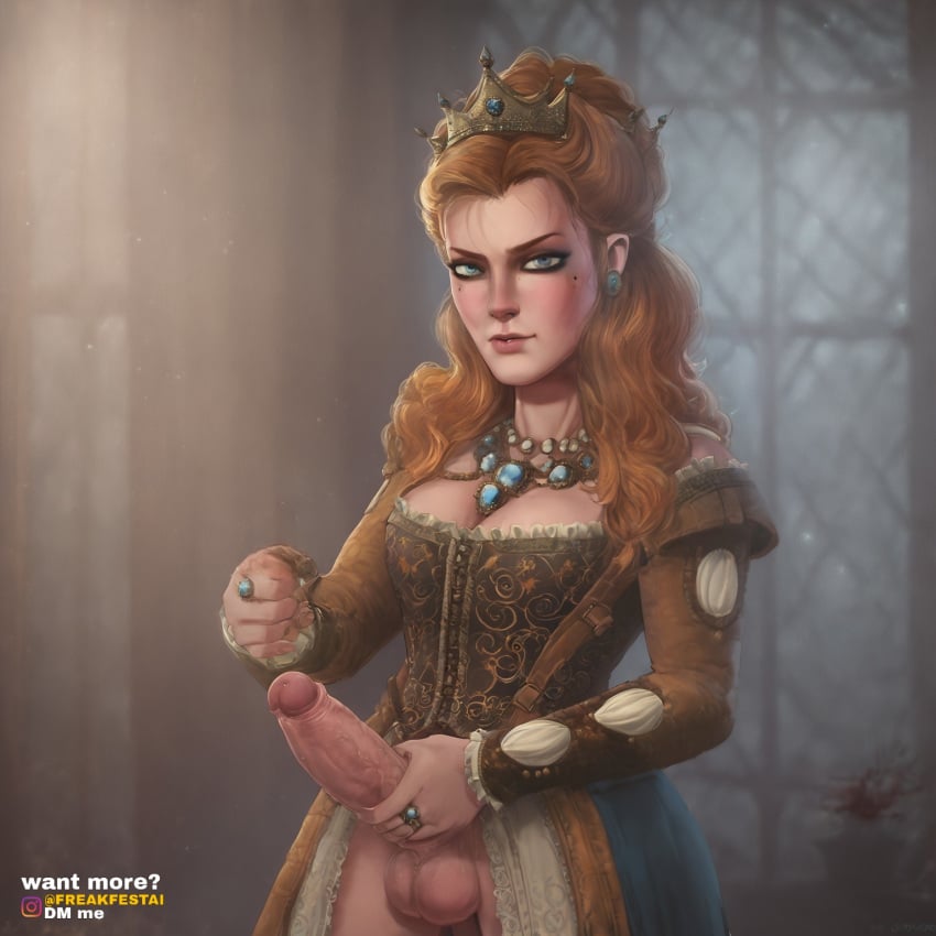 ai_generated anna_henrietta balls big_balls big_penis blonde_hair blue_eyes crown dress freakfestai futa_only futanari grabbing_penis jewelry looking_at_viewer penis ring royalty silk solo stroking_penis the_witcher_3:_wild_hunt torn_clothes torn_clothing torn_dress