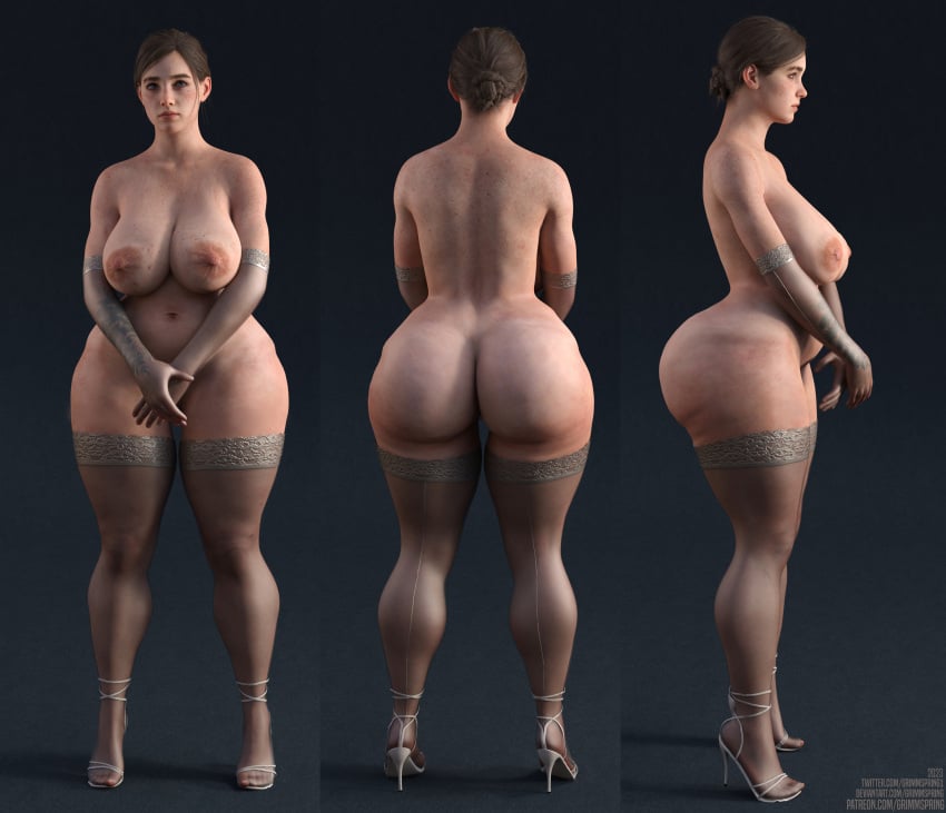 1girls 3d 3d_(artwork) ass back_view big_ass breasts ellie_(the_last_of_us) fat_ass female front_view grimmspring huge_ass naughty_dog nipples solo the_last_of_us wide_hips