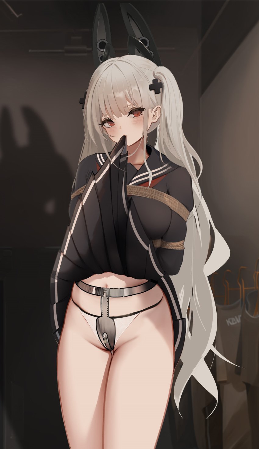 absurdres arms_behind_back awaji azur_lane black_neckerchief black_skirt bondage bondage bondage bound bound_arms bound_torso breasts chinese_commentary commentary_request crotch_rope female formidable_(azur_lane) formidable_(rockin'_encore)_(azur_lane) formidable_(the_lover's_heart_flutters_on_duty)_(azur_lane) grey_hair highres large_breasts long_hair long_sleeves looking_at_viewer miniskirt neckerchief official_alternate_costume pleated_skirt restrained rope school_uniform shibari_over_clothes skirt solo underwear very_long_hair