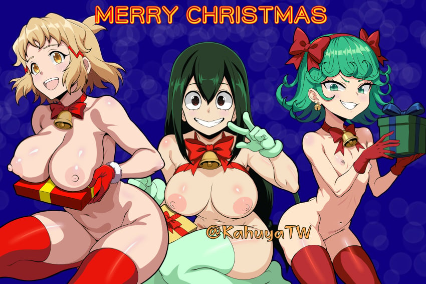 3girls artist_name asui_tsuyu bells breasts christmas gift gift_box kahuyatw my_hero_academia naked_female nipples one-punch_man presents seiyuu_connection senki_zesshou_symphogear tachibana_hibiki_(symphogear) tatsumaki voice_actor_connection