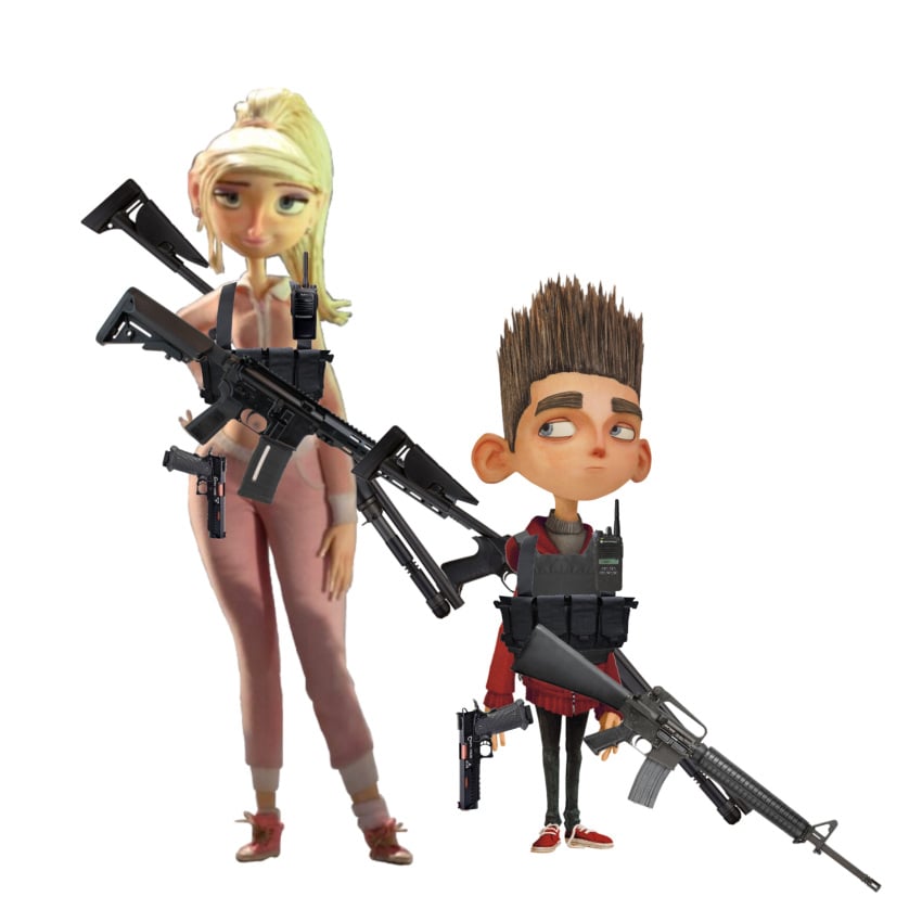 1girl1boy ar15 armor assassin big_ass black_eyelashes blonde blonde_hair blue_eyes blue_jeans brother_and_sister chest_rig courtney_babcock edited_image fair-skinned_female grey_sweater hitman hitwoman laika_studios m16 norman_babcock not_porn paranorman pear-shaped_figure pistol png ponytail purple_eyeshadow red_hoodie red_sneakers shotgun siblings spiked_hair young_boy