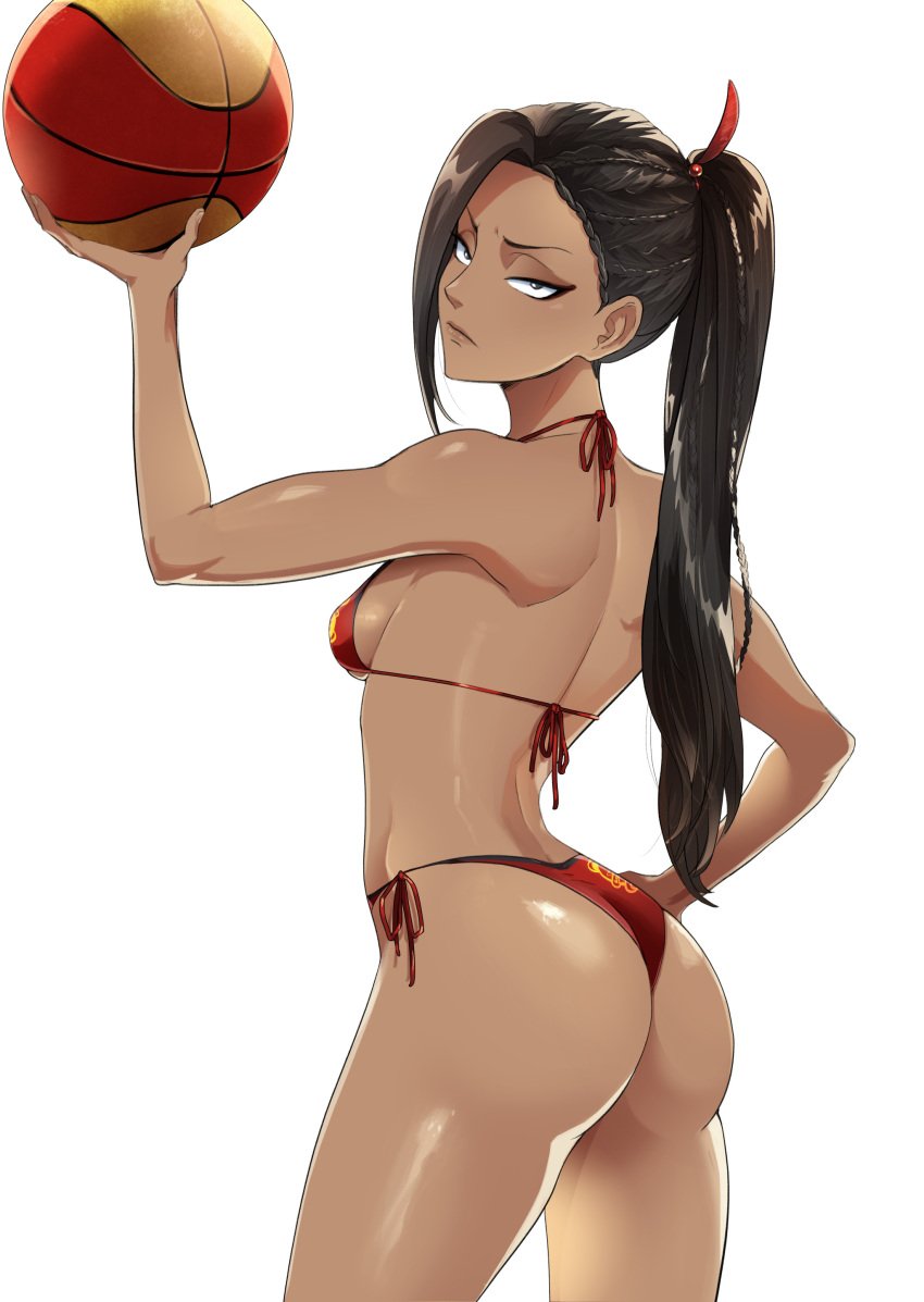 basketball beach bikini bikini_bottom bikini_top dark_hair genderswap_(mtf) jamil_viper rule_63 tag_me tan-skinned_female tan_body tan_skin twisted_wonderland white_background