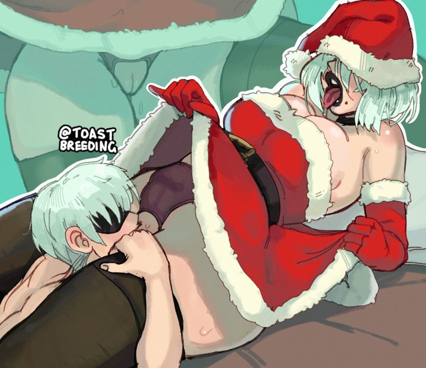 1boy 1girls black_lipstick blindfold christmas clothes_lift crotchless cunnilingus female hi_res male mole mole_under_mouth nier:_automata open_mouth pleasure_face pussy santa_costume santa_hat stockings thick thick_thighs toastbreeding tongue_out white_hair yorha_2b yorha_9s