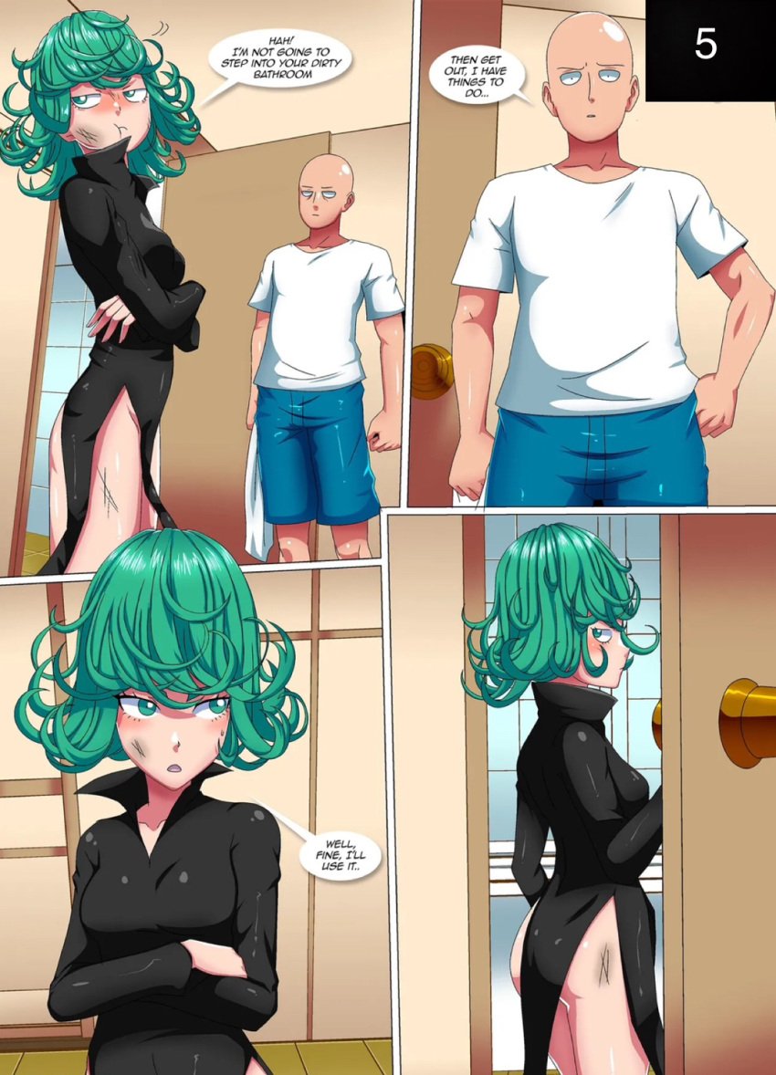 1boy 1girls bald comic curly_hair dirty green_eyes green_hair looking_back looking_back_at_viewer one-punch_man palcomix pout saitama sweatdrop tatsumaki