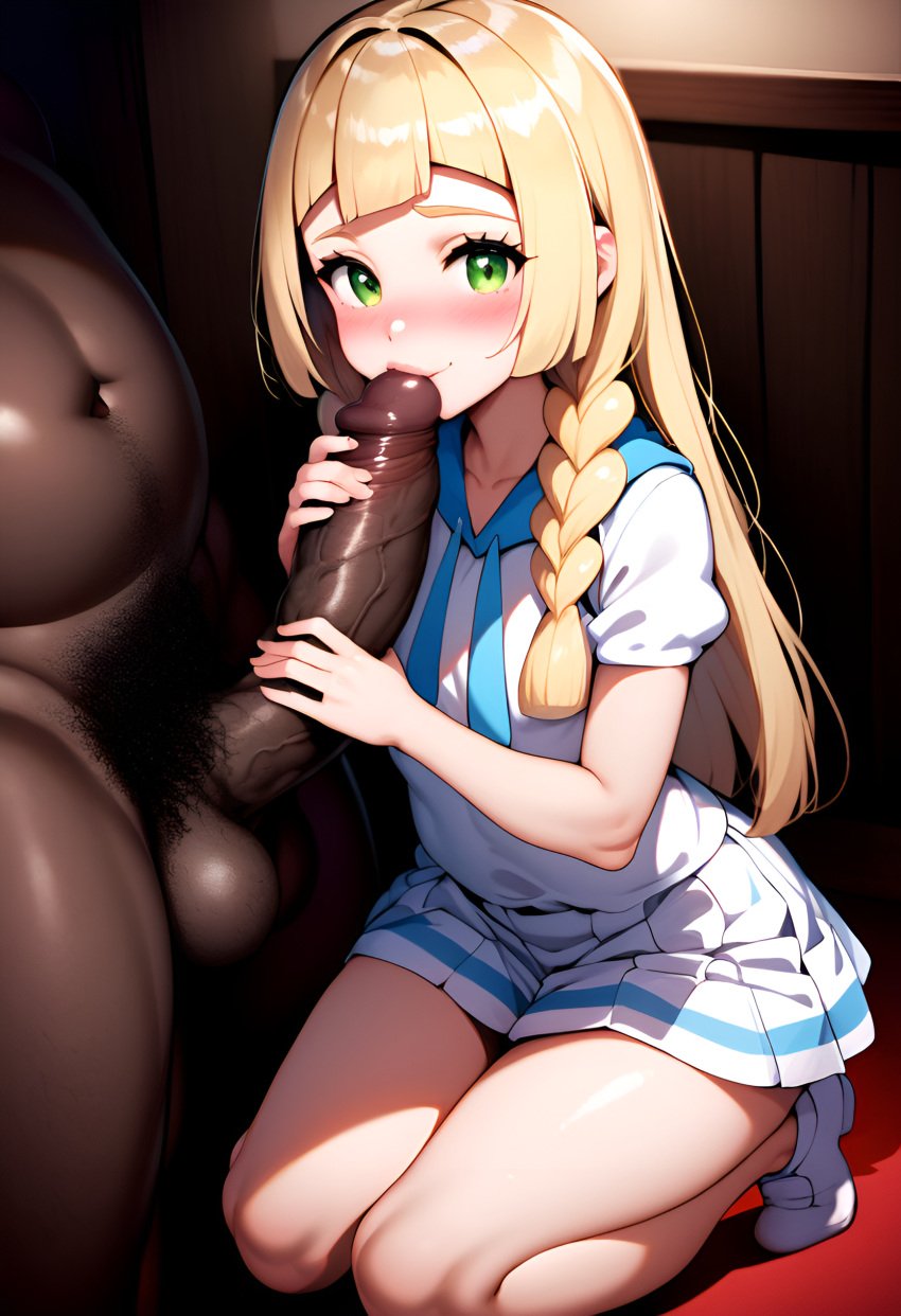 1boy 1girls african_male ai_generated blonde_female blonde_hair blowjob dark-skinned_male green_eyes kneeling kneeling_oral_position licking_penis light-skinned_female lillie_(pokemon) pleasure_face pokemon pokemon_sm