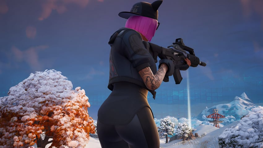 1girls ass back_view behind behind_view bubble_butt fat_ass fat_butt female fortnite glasses gun large_ass large_butt lynx lynx_(fortnite) nerd nerdy_female pink_hair presenting_butt round_ass round_butt