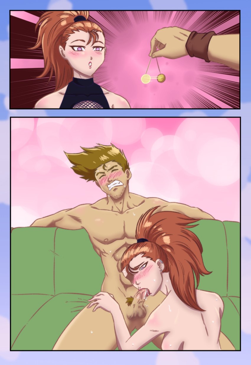 blowjob bottomless brown_hair comic comic_page commission digimon drool earrings femsub goichimonji hypnosis kazu_shioda maledom mind_control nude pale_skinned_female pendulum ponytail red_hair rika_nonaka short_hair sitting stubble tongue_out topless