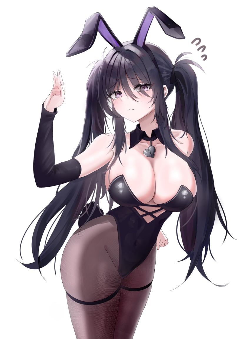 absurdres animal_ears arm_behind_back azur_lane bare_shoulders black_hair black_leotard blush breasts cleavage covered_navel detached_collar detached_sleeves embarrassed female fishnet_pantyhose fishnets frown groin hair_over_eyes hand_up heart heart_necklace highres hip_focus jewelry large_breasts leaning_forward leotard long_hair mirl necklace pantyhose purple_eyes rabbit_ears rabbit_tail skin_tight solo strapless strapless_leotard tail thigh_strap twintails unhappy very_long_hair waving z11_(azur_lane) z11_(service_sincerity_and_insolvency)_(azur_lane)