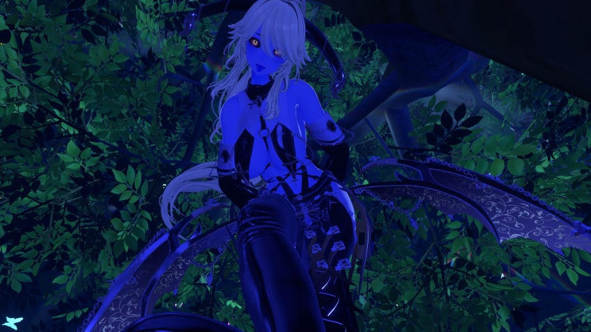 blue_body demon_girl glowing_eyes horns vrchat vrchat_avatar