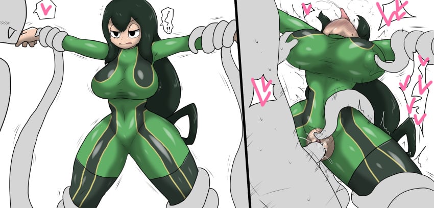 1boy 1girls anon anonymous_male arm_grab ass breasts enigi09 faceless_male female female_focus green_hair hero_outfit_(mha) large_breasts my_hero_academia questionable_consent sex superheroine thick_thighs thighs tied_up tongue tongue_out tsuyu_asui