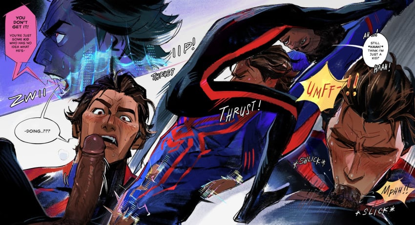 balls bara big_balls big_penis blowjob daddy erection gay gay_blowjob kbmon male male/male male_only manly marvel mature_male miguel_o'hara miles_morales miles_morales_(spider-verse) muscular_male oral oral_sex penis spider-man spider-man:_across_the_spider-verse spider-man_(series) spider-man_2099