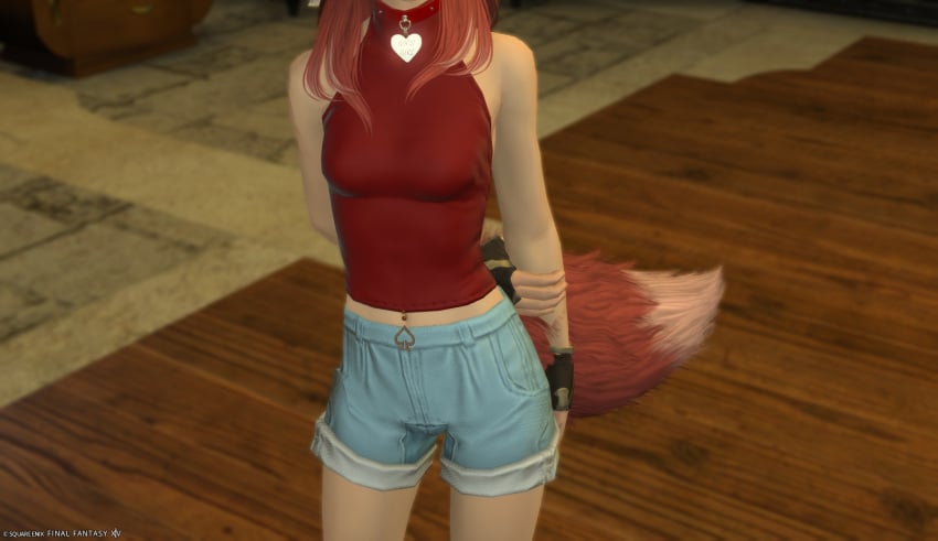 cat_tail catgirl final_fantasy_xiv miqo'te pale-skinned_female qos queen_of_spades red_hair small_body snowbunny teasing teasing_viewer