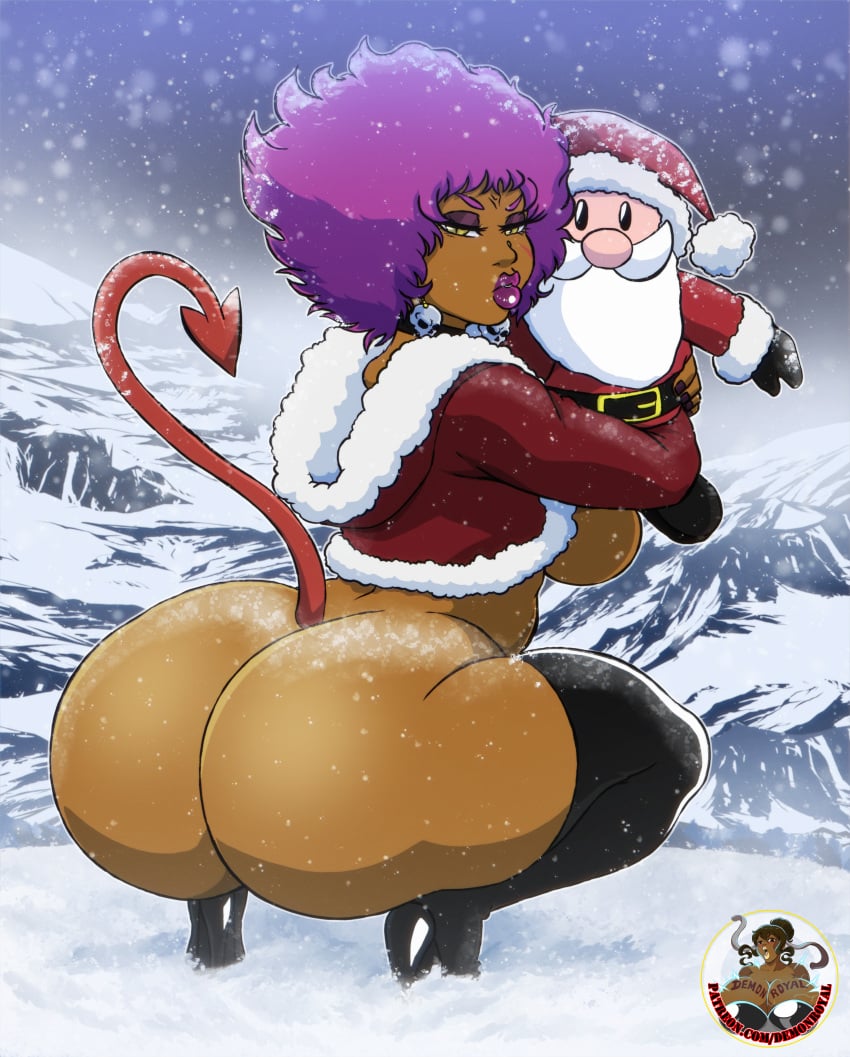 ass_out back_view breasts_out brown_skin brown_skinned_female choker christmas christmas_outfit demon_tail demonroyal earrings hazel_(demonroyal) heels huge_ass leather_thighhighs looking_back original_characters plump_lips plushie purple_hair purple_lipstick snow snow_on_body snowy_mountains squatting yellow_eyes