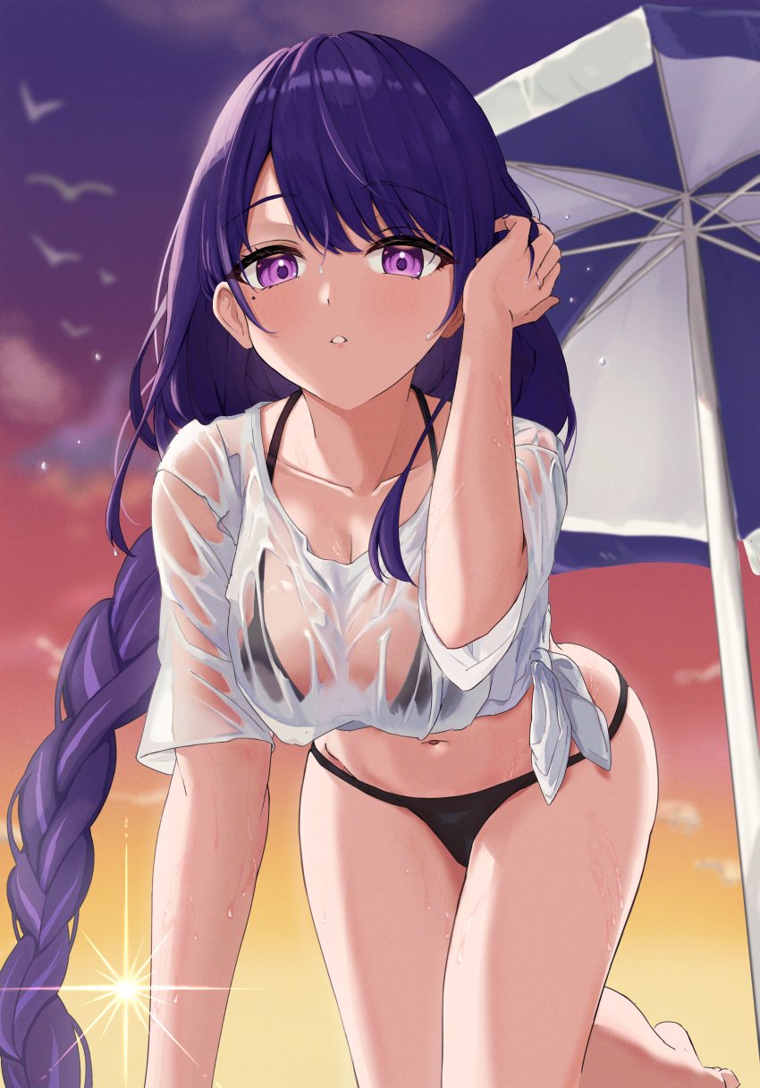 1girls absurdres adjusting_hair all_fours alternate_costume beach_umbrella bikini black_bikini blurry blush breasts commentary_request depth_of_field genshin_impact halterneck hand_up highres large_breasts long_hair looking_at_viewer low-tied_long_hair mole mole_under_eye parted_lips purple_eyes purple_hair raiden_shogun see-through_clothes see-through_shirt shirt sky solo sunset swimsuit tied_shirt umbrella very_long_hair wet wet_clothes wet_shirt white_shirt yukineco_0928