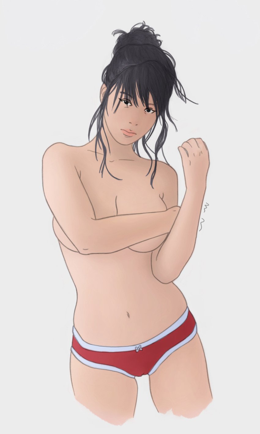 1girls arm_covers_breast asian asian_female black_hair bow_panties cameltoe covering_breasts deviantart hair_bun mascara messy_bun messy_hair nonhovoglia panties_only pinup