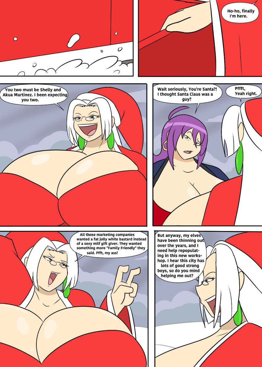 akua_(igphhangout) breasts_bigger_than_head christmas huge_breasts humongous_breasts igphhangout massive_breasts older_female outdoors purple_hair santa_claus santa_costume shelly_(igphhangout) sleigh snow snowing text text_bubble white_hair