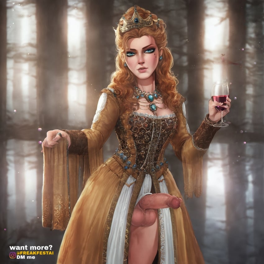 ai_generated anna_henrietta big_balls big_penis blonde_hair blue_eyes crown dress freakfestai futa_only futanari jewelry looking_at_viewer royalty shadman_(style) the_witcher_3:_wild_hunt torn_clothes torn_clothing torn_dress wine wine_glass