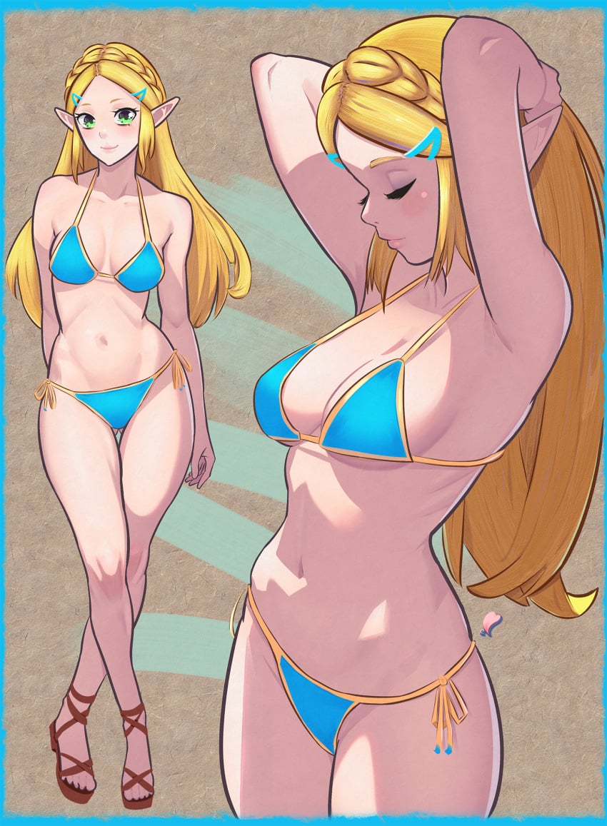 1girls alluring arms_behind_head big_breasts bikini blonde_hair blue_bikini braid cleavage commentary crown_braid elementary_(lolipope) green_eyes hair_ornament hairclip high_res long_hair multiple_views navel nintendo pointy_ears princess_zelda sandals side-tie_bikini_bottom sidelocks smile swimsuit the_legend_of_zelda the_legend_of_zelda:_tears_of_the_kingdom