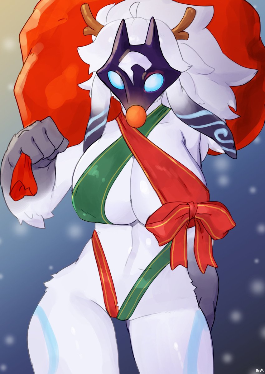 1girls 2024 5_fingers absurd_res anthro big_breasts biped blue_body blue_eyes blue_fur bovid buta99 caprine christmas clothed clothing fake_antlers fake_horns female female_only fingers floppy_ears front_view fur furry goat holidays kindred lamb_(league_of_legends) league_of_legends mammal mask nipple_outline riot_games simple_background skimpy solo wearing_mask white_body white_fur