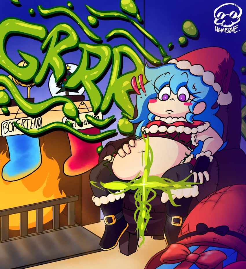 1girls 2d_(artwork) about_to_fart artist_signature background bloated bloated_belly bloated_stomach breasts christmas chubby fart fart_fetish fat female female_only friday_night_funkin friday_night_funkin_mod gassy gassy_female hamb0ne hand_on_stomach onomatopoeia santa_costume sitting sitting_on_chair skyblue skyblue_(friday_night_funkin) skyverse stomach_noises surprised sweatdrop text