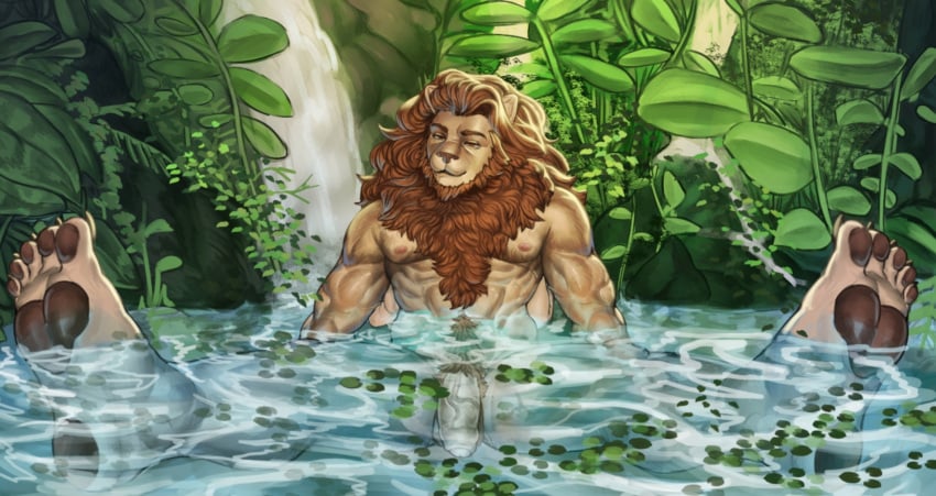 anthro beard body_hair chest_tuft facial_hair feet flaccid furry happy_trail humanoid_penis kingsguard_vn leandros lion male_only mammal mane muscular muscular_anthro neck_tuft nipples nude partially_submerged paws penis plants pleasure_face sitting spread_legs thebigslick veiny_penis water