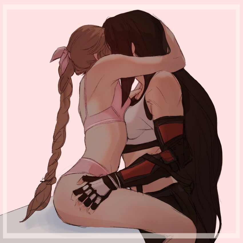 2girls aerith_gainsborough black_hair brown_hair compact_body final_fantasy_vii final_fantasy_vii_remake kissing lalafellss tifa_lockhart yuri