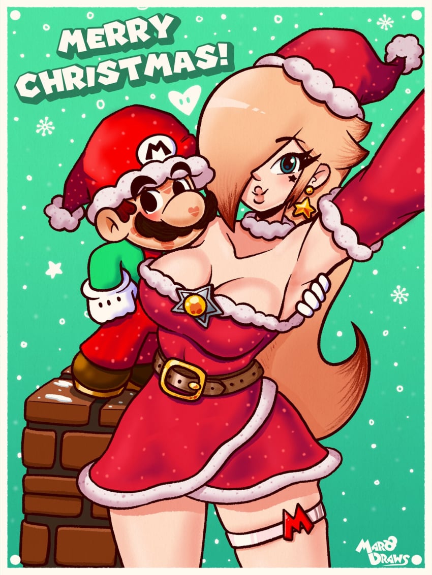 1boy belt belt_buckle big_breasts blonde_hair breasts christmas couple ear_piercing facial_hair female gloves hat heart highres kiss_mark lipstick lipstick_mark lipstick_marks long_hair looking_at_viewer male mario mario_(series) marodraws moustache nintendo overalls piercing princess_rosalina red_hat red_overalls romantic_couple shoes size_difference snow standing stars tagme