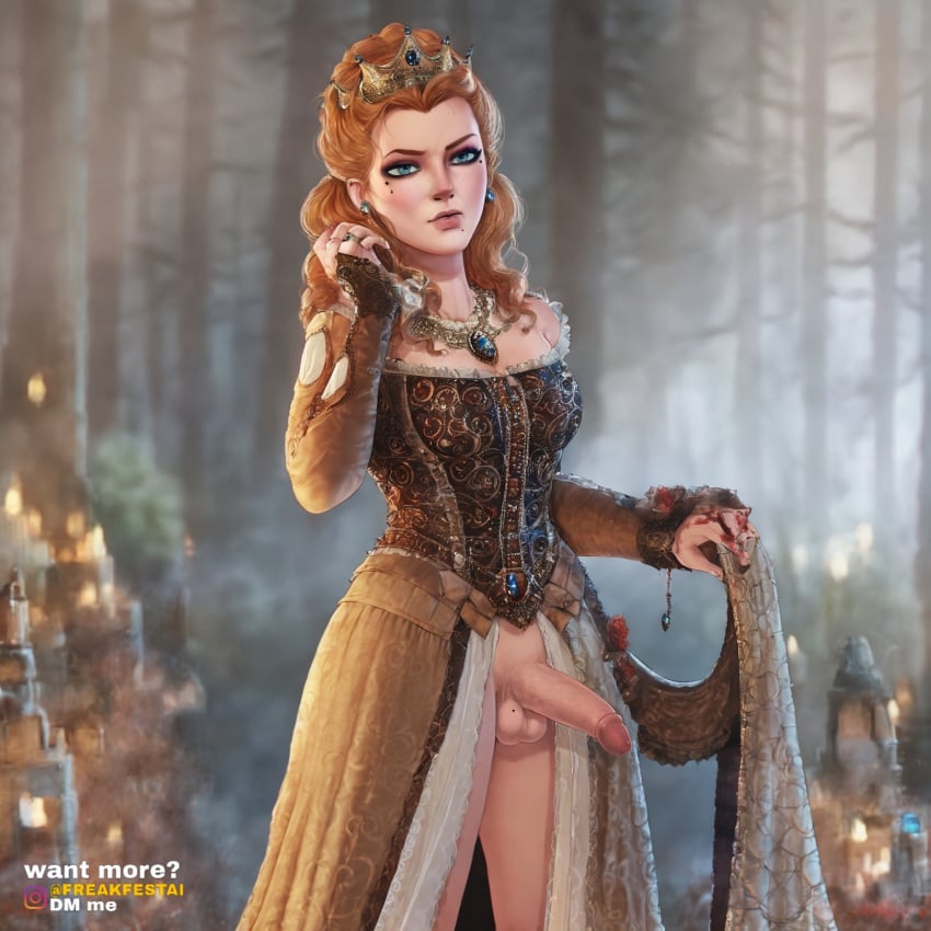 ai_generated anna_henrietta big_balls big_penis blonde_hair blue_eyes crown dress freakfestai futa_only futanari jewelry looking_at_viewer royalty shadman_(style) the_witcher_3:_wild_hunt torn_clothes torn_clothing torn_dress