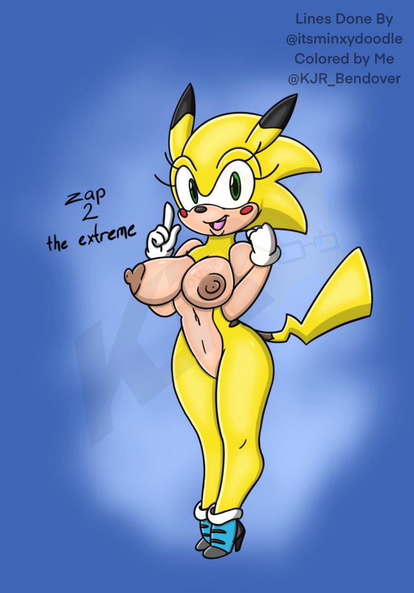 areola ass blush breasts cleavage clothed clothing english_text eulipotyphlan fan_character female footwear generation_1_pokemon hedgehog hi_res high_heels hybrid kjr_whatever mammal minxydoodle nintendo nipples nude pikachu pokemon pokemon_(species) sega shoes solo sonic_(series) sonic_the_hedgehog_(series) sonichu sonichu_(character) sonichu_(series) text thick_thighs