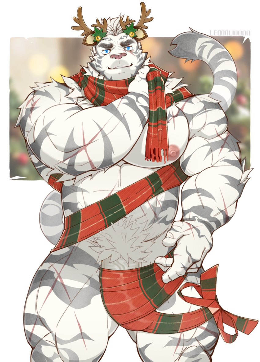 2024 anthro arknights christmas colored felid genitals hi_res holidays hypergryph leoooliooon male mammal mountain_(arknights) muscular muscular_anthro muscular_male muscular_thighs pantherine penis penis_base pubes signature solo studio_montagne tiger white_pubes wrapping