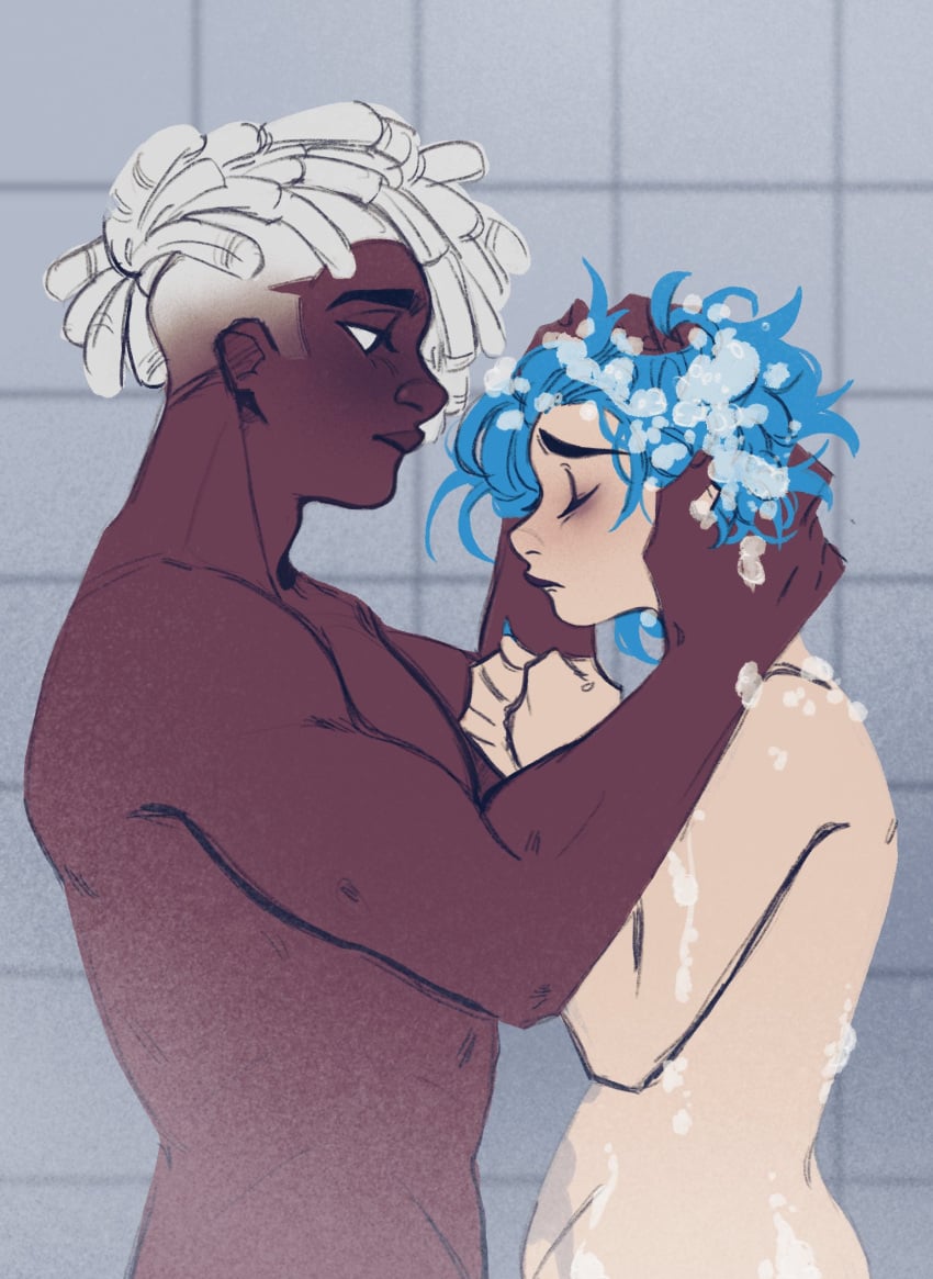 1boy1girl adorable arcane arcane_ekko arcane_jinx couple cute dark-skinned_male ekko interracial_sex love romantic romantic_couple shower wholesome