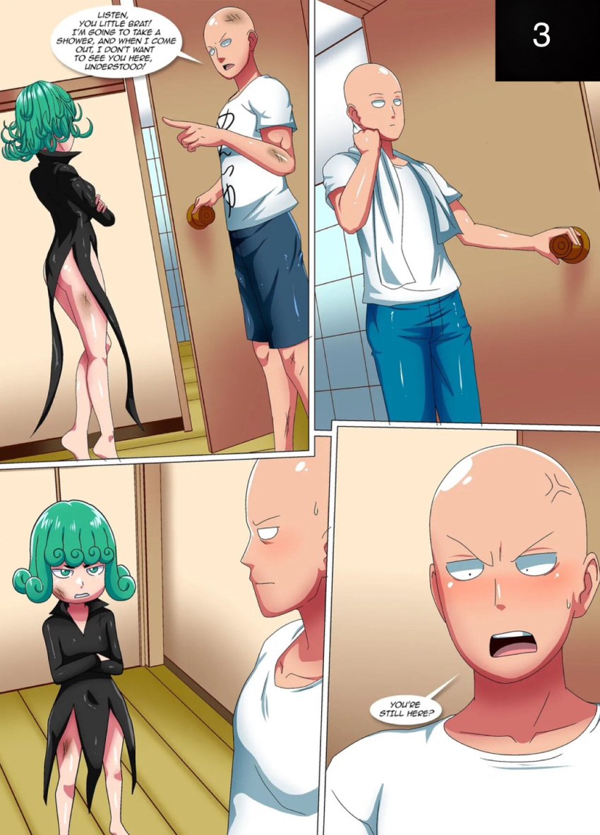 1boy 1girls anger_vein bald comic curly_hair dirty green_eyes green_hair one-punch_man palcomix saitama sweatdrop tatsumaki towel_around_neck