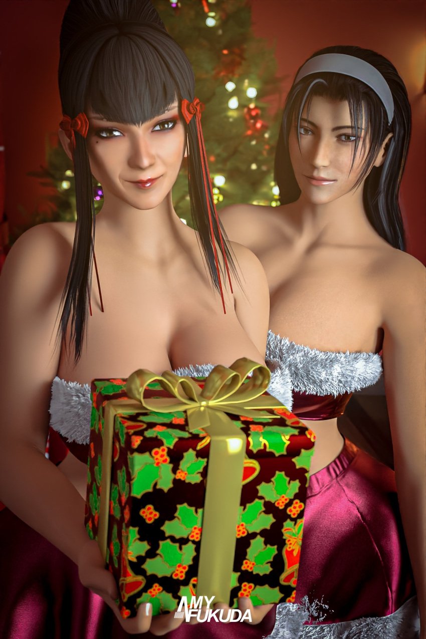 2girls 3d amyfukuda big_ass big_breasts christmas christmas_outfit christmas_present christmas_tree cleavage female female_only gift gift_wrapped kazama_jun kazumi_mishima milf namco tekken tekken_2 tekken_7 tekken_8 tekken_tag_tournament tekken_tag_tournament_2