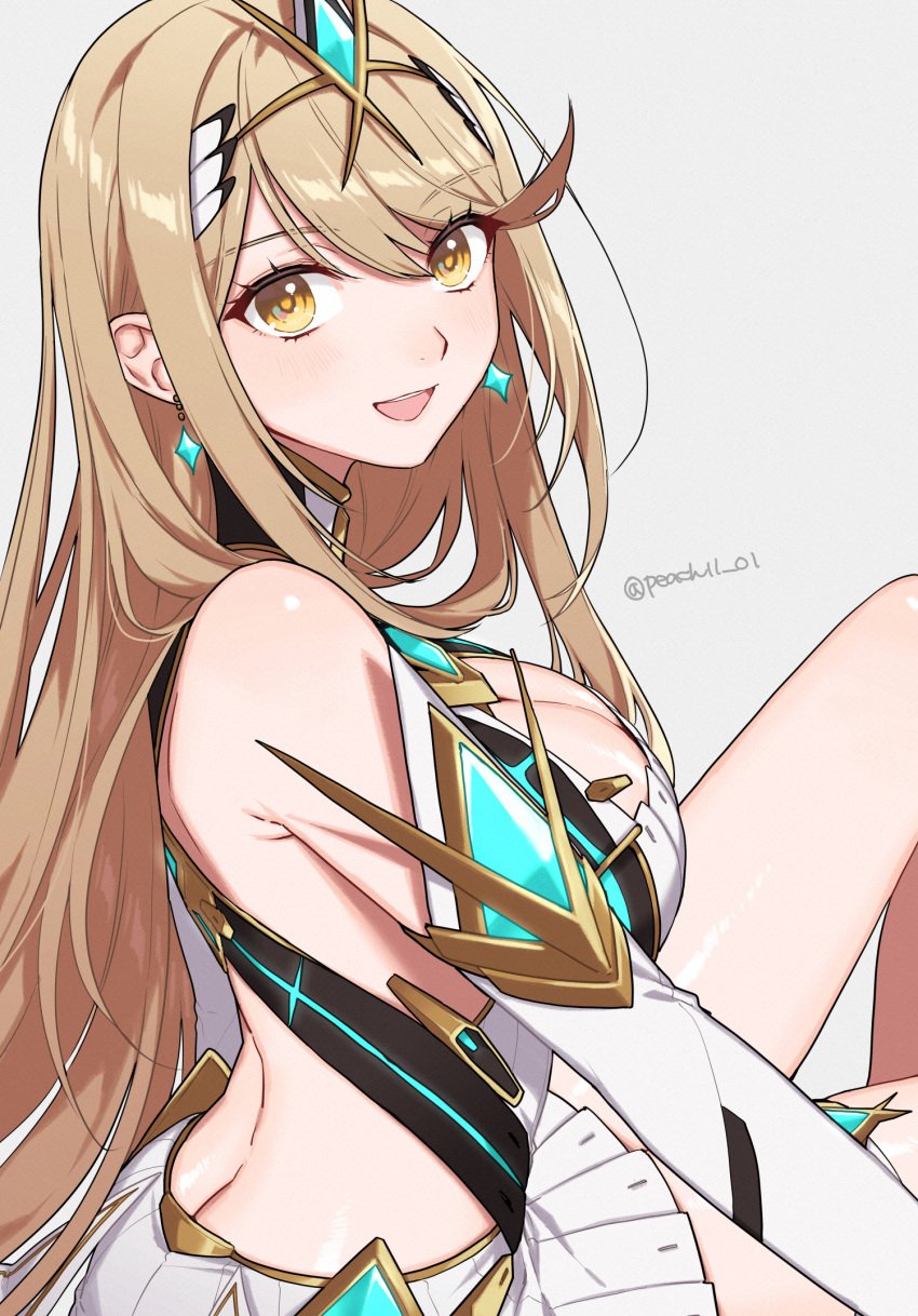 1girls :d alluring bare_shoulders blonde_hair blush breasts butt_crack cleavage commentary earrings grey_background highres jewelry knee_up large_breasts long_hair looking_at_viewer mythra open_mouth peach11_01 shamu_(peach11_01) simple_background sitting smile solo thighs very_long_hair xenoblade_(series) xenoblade_chronicles_2 yellow_eyes