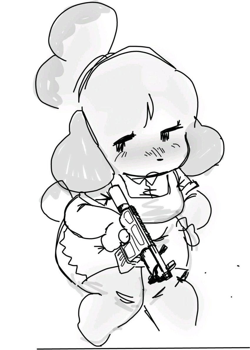 big_breasts breasts female furry gun huge_breasts isabelle_(animal_crossing) kofesmilk tagme thick_thighs wide_hips